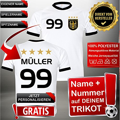 Deutschland Trikot mit GRATIS Wunschname + Nummer + Wappen Typ #D 2020 im EM / WM weiss – Geschenke für Kinder,Jungen,Baby,.. Fußball T-Shirt personalisiert als Weihnachtsgeschenk