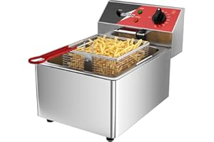 CROSSON Friggitrice Commerciale 6 Litri,Friggitrice Elettrica ad Olio da Inox 3000W con Cestello e Coperchio,Controllo Tempo e Temperatura 80-200°C,per Cucina Ristorante