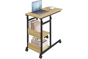 ‎WOLTU WOLTU Beistelltisch Couchtisch Sofatisch Wohnzimmertisch Laptoptisch Betttisch, C-förmig höhenverstellbar, mit Rollen, aus Metall Holzwerkstoff, helle Eiche + Schwar, BTS08hei