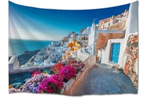 A.Monamour Arazzo da Parete Grande Mandala Case Tradizionali Delle Cicladi Con Fiori Street Landscape Santorini Grecia Stampa Telo Tessuto Tenda Tovaglia Copridivano Arazzi Murale Decorazione