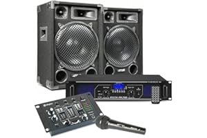 FENTON MAX12 DJ - Kit completo de instalación PA (1400 W, 2 altavoces de 12 pulgadas, incluye amplificador, consola de mezclas y micrófono, reproductor MP3 USB/SD, entradas AUX y fono, sistema de música