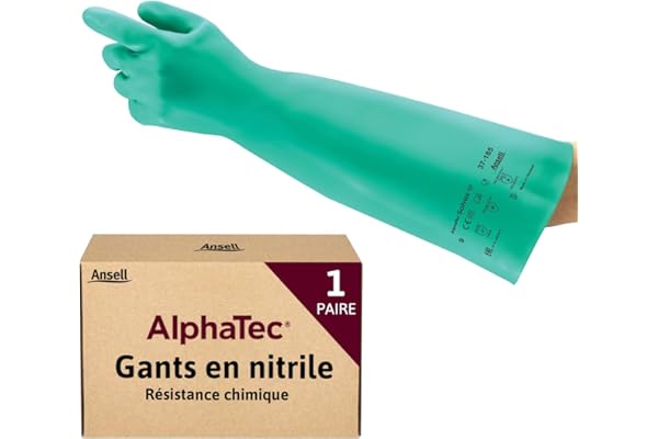 Ansell AlphaTec 37-185 Gants Protection Chimique en Nitrile, Gant Impérméable Très Résistant Liquides et Solvants, EPI Homme Femme, Réutilisable, Vert, Taille L (1 Paire)