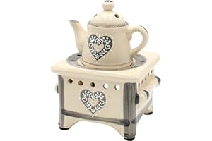 Dekohelden24 Duftlampe als Herd mit Kanne und Herz, grau/Aromalampe/Duftlicht/Duftstövchen, L/B/H: ca. 12 x 12 x 17 cm