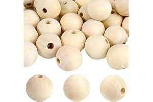 packra Cuentas de madera de 30 mm, perlas de madera para enhebrar, 40 unidades, bolas de madera grandes con agujero para manualidades, macramé, cuentas redondas de madera para accesorios de joyería