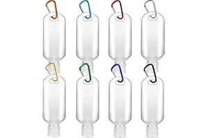 Ulife Mall Lot de 8 Bouteilles de Voyage Portable, 50ml Flacons de Voyage Vide en Plastique Transparent avec Mousqueton, Conteneurs de Voyage Compressible Rechargeable Étanche pour Cosmétiques, Lotion