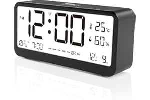 VINILITE cyfrowy budzik nocny, zasilany bateriami, temperatura i wilgotność powietrza, kalendarz, lampka nocna, 2 alarmy, regulacja jasności, cyfrowy zegar stołowy
