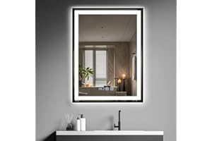YU YUSING Espejo Baño con Luz LED Regulable, 60x80cm, Espejo de Pared 3 Colores, Marco Metal, Espejos de Baño con Interruptor Táctil, Antivaho, Visualización Tiempo, IP44, Vertical, Negro
