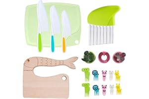 LETTO & TAILOR Set di 19 coltelli da cucina per bambini, in legno, per bambini, con coltello in legno, formine per biscotti per verdure, coltello in plastica, taglierino, taglierino per panini,