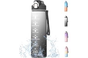 Bugucat Water Bottle 1L, Drinks Bottle with Straw and Time Markings, Jug Leak Proof,Sport Water Storage Container for Teenager Adult, Water Bottle for Gym School Cycling Fitness Outdoor