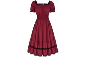 SCARLET DARKNESS Women Gothic Dress Lace Square Neck Smocked Tiered Steampunk Vintage Medieval Midi Dresses