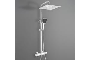 DERW Thermostatic Shower Mixer Set with 12" Square Rainfall Shower Head(304 Stainless Steel), 6 Modes Square Shower Head with Rotating Bracket, Anti-Leak Hose, Anti-Scald,Easy Install (Chrome)