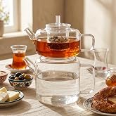 Deconox Flat Borosilikat Cam &Ccedil;aydanlık Takımı 980 ml Demlik + 1600 ml Alt Demlik | &Ccedil;elik S&uuml;zge&ccedil;l&uuml;, Isıya Dayanıklı Borosilika