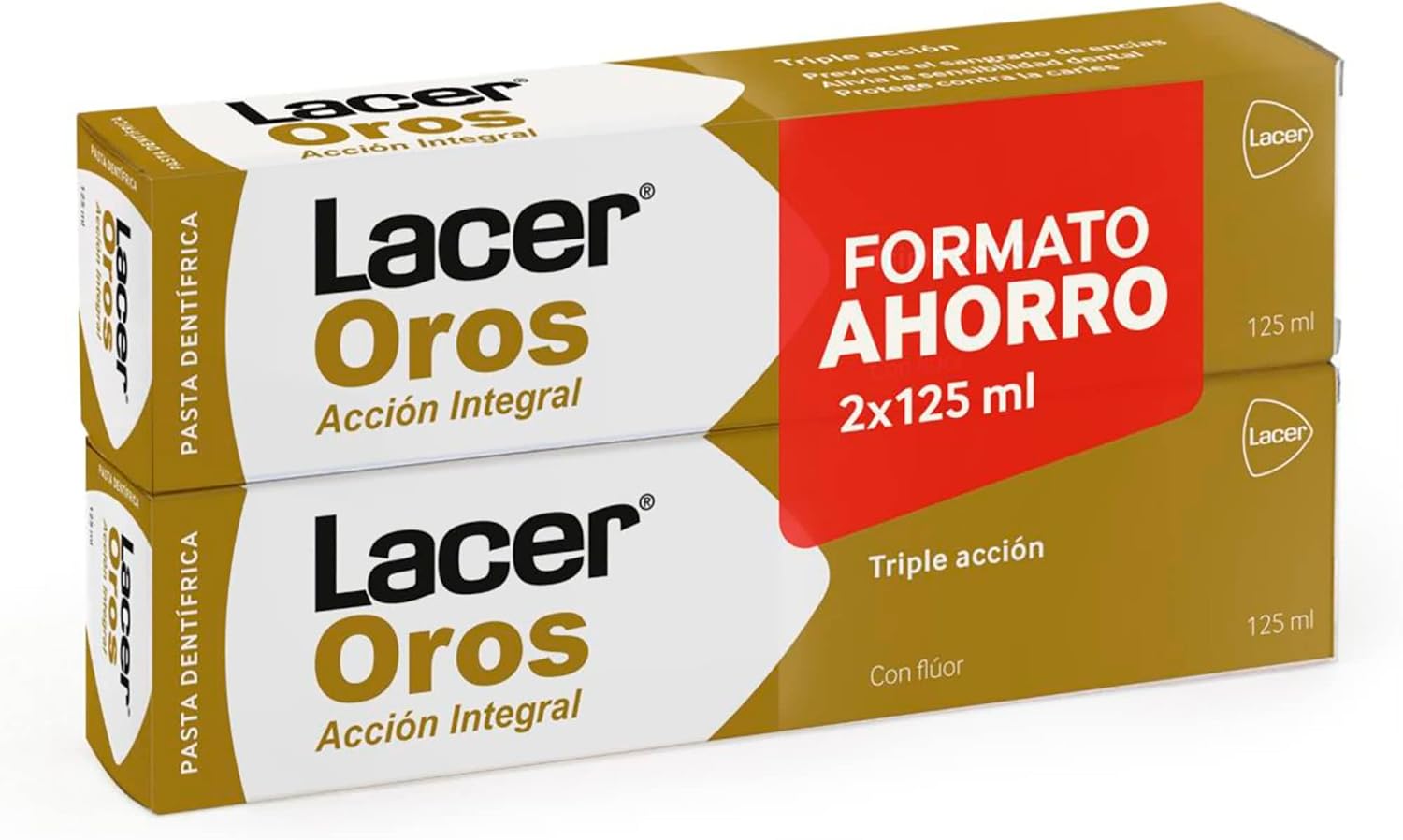 LACER OROS - Pasta de Dientes 2 x 125 ml, Protección Bucodental Integral, Triple Acción, Previene el Sangrado, Reduce la Sensibilidad Dental, Protege Contra la Caries