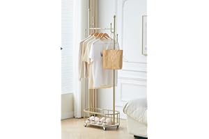 BOOSDEN Metalowy stojak na ubrania z kółkami, wieszak na ubrania na kółkach do wieszania ubrań, stabilny stojący stojak na ubrania z półką do przechowywania i 4 haczykami, wieszak na ubrania, do