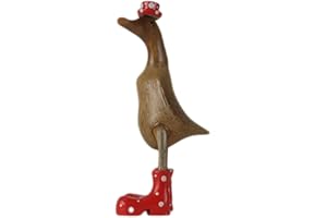 ‎ART-CRAFT ART-CRAFT Holz Ente Lauf Ente Gartendeko Figur aus Bambus Wurzel und Teak Holz mit Stiefel und Hut Rot 25cm hoch