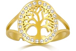 Dreamtimes Arbre de Vie Bagues pour les femmes Anneau d'ouverture réglable Acier inoxydable Couleur or Clair Zircon Anneaux ronds Arbre de la famille Charme Bijoux de luxe Bague