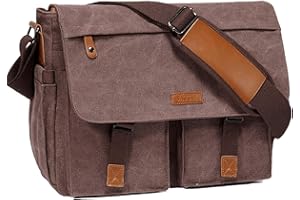 VASCHY Bandolera Hombre Grande, Bolsa Mensajero Hombre Bolso Vintage Lona Encerada Resistente al Agua, 14/15.6/17 pulgadas, para Ordenador Portátil, Maletín con Correa Acolchada para el Hombro
