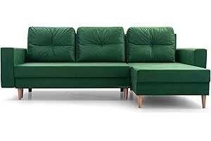 ‎MB-MOEBEL Ecksofa mit Schlaffunktion und Bettkasten Ottomane Links als auch rechts montierbar Couch für Wohnzimmer, Schlafsofa Gästebett Sofa Eckcouch L-Form 232x137x84 cm Carl (Flaschengrün)