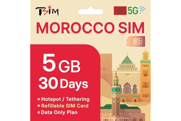 TSIM Carte SIM Maroc 30 Jours | 5 Go de données 5G/4G/LTE Haut débit | Partage de Connexion autorisé | Activation Automatique | Vitesse illimitée | Données Uniquement, sans appels.