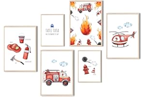 MeinBaby123® Bilder Kinderzimmer | DIN A4 & DIN A5 6er Poster Set Feuerwehr | Feuerwehrauto, Feuerwehrmann | Deko Kinderzimmer Junge | Babyzimmer Deko | Wandposter Premium (Feuerwehr V6)