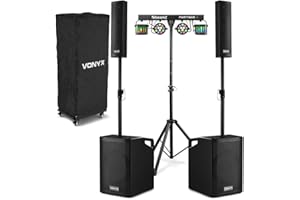 Vonyx VX1050BT Column Array Speaker DJ Package – 1150W Active DJ Setup with Bluetooth, Wireless Mics, Subwoofers, PartyBar2 Disco Lights, DMX & Sound Activation