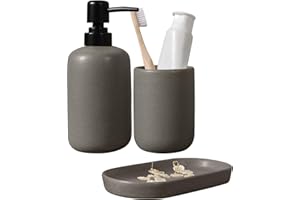 Autumnlife Badezimmer Set Taupe, 3 teiliges Badezimmer Zubehör Set aus Keramik, Dekoratives Badzubehör in Steinoptik - Enthält Schmal Seifenspender, Zahnputzbecher & Ablageschale für Bad,Waschbecken