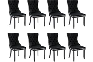 SoarFlash Ensemble de 8 Chaises de Salle à Manger en Velours, avec Dossier à Ailes tapissé, piquetage à Boutons, Garniture rivetée, Anneau décoratif de Dossier et Jambes en Bois, Noir