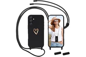 ANFIRE Handykette für Samsung Galaxy S25 FE Hülle mit Band, MoEvn Necklace Handyhülle mit Kordel für zum Umhängen Herz Muster Silikon Case Stoßfeste Schutzhülle mit Abnehmbar Kette für S25 FE 5G,Schwarz
