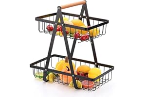 Baymate Cesta de Frutas Metal de 2 Niveles Negro Cesta Frutas y Verduras Cesta de Almacenamiento para Mostradores Organizadores para Verduras con Mango de Madera para la Cocina