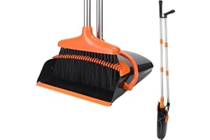 MAMAMAX Balai et Pelle à Poussière à Manche Long 124cm Ensemble Balai et Pelle à Poussière Verticale Rotatif à 180 ° avec Dents Balayette et Pelle à Balai pour Maison Bureau (124cm A)