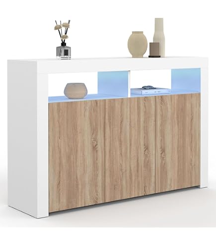 Buffet Blanc 150 Cm Avec éclairage LED - Meuble De Salle à Manger Moderne 2 Portes 3 Tiroirs - Rangement Salon, Entrée - Style Bohème