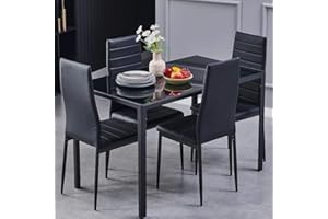 DZOVAD Dining Table and Chairs Set 4, Modern Glass Dining Table and 4 Faux Leather Chairs for Home, Living Room, Office and Café (Black, 5-Piece Set)