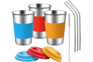 MILALOKO Kubek ze stali nierdzewnej z silikonowymi pokrywkami, tulejkami i słomkami | 3 kubki do picia dla małych dzieci, dzieci i dorosłych, przyjazne dla środowiska, nie zawierają BPA (słomki ze stali