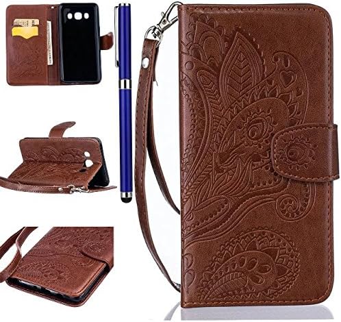 FESELE Samsung J5 (2016) Leather Wallet Case Synthetic PU Leather Peacock Flower Pattern Hand Strips design PU Leather Flip Protective Magnet Case Cover with Stand Card Holder Free Stylus Pen-Brown