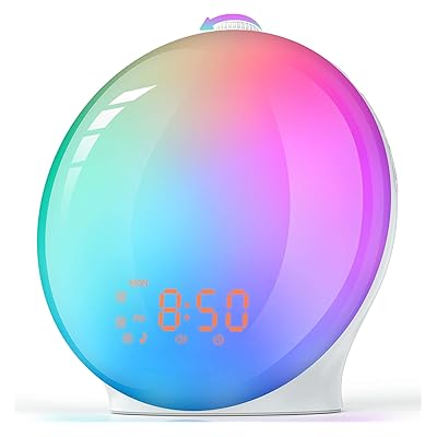 Sunrise Alarm Clock Full Screen Wake Up Light, Sunrise/Sunset Simulation Light Alarm, 7 Colors Atmosphere Lamp, 7 Natural Sounds, FM Radio, Dual Alarms, Snooze Function, Built-in Phone Charging Port