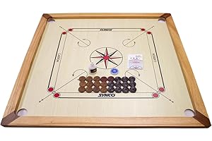 Carrom Board Turnier Synco 74x74 - Top Carrom Board mit komplettem Zubehör, Transporttasche und Gleitpulver - 2983