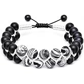 Zebra Jasper ve Mat Oniks Doğal Taş Bileklik, &Ccedil;ift Katmanlı, Ejder Sırtı &Ouml;rg&uuml;, Ayarlanabilir Makrome Kilit, Erkek Takısı