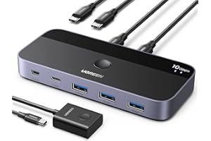 UGREEN 10Gbps USB 3.2 Switch, 2PC Share USB C and 3 USB A Devices, 2 in 4 Out Aluminium With Desktop Controller & 2 Cables for Keyboard, Mouse, Printer