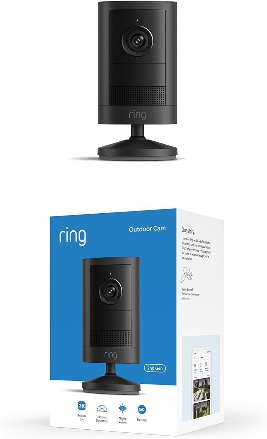Ring Outdoor Camera 2K, Sur batterie (nouvelle génération), À installer soi-même, Vidéo Retinal 2K grand-angle, Zoom jusqu'à 6x et vision nocturne améliorée, Noir