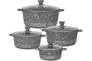 Bargain Shack Die Cast Stockpot Set - Aluminium 4Pcs Non Stick Coating Cooking Pot -Induction Stock Pot with Tempered Glass Lid with Steam Vent (20-24- 28-32 cm) (4 Pcs Granite, Grey)