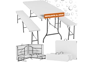 TecTake® Juego de Mesa Plegable de 3 Piezas, Set Mesa Camping con 2X Bancos, Mesa Jardín Exterior, Estructura de Acero, Topes en Patas, Fácil Montaje, Ideal Acampadas, Jardín, Terraza, Picnic -Blanco