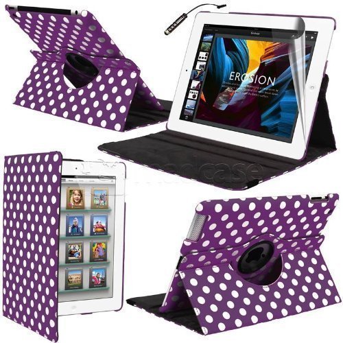 MadCase Apple iPad 4 (mit retina display) Stilisch Muster PU Leder Rotierend Smart Ständer Schutzhülle - kompatible mit iPad 2 und iPad 3 einschließlich Displayschutzfolie & Eingabestift - Gepunktet - Dunkel Lila