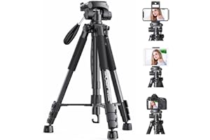Lightweight Tripod,K&F Concept Travel Tripod with 3-Way Swivel Pan Tilt Head 56"/142cm Video Stand with Cellphone Holder Smartphone Clip Quick Release Plate for Phone DSLR Cameras
