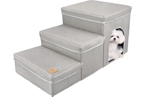 GUWINA Pet Dog Stairs, Foldable 3 Tiers Steps Dog Steps for High Bed & Sofa, Multi Use Small Dog Ramp with Storage Box & Condo for Small Medium Large Dogs Cats Puppy Doggie(Grey)