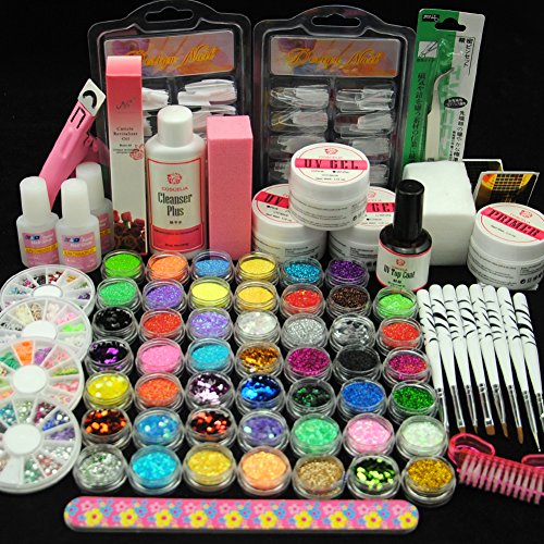 Cosecelia 48 UV Gel Glitter Nail Art Design Nail files Brushes Nail Glue Nail Art False Nail Tips Set