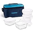 Borosil Alfa Glass Lunch Box Blue, Set of 4 (2pcs 320 ml Square + 2pcs 240 ml Round) - Uni, Microwave Safe Office Tiffin
