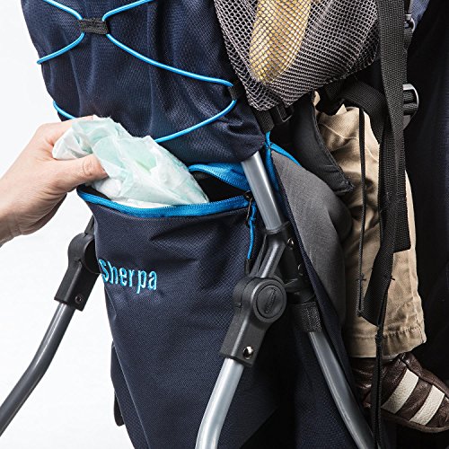skandika Sherpa Kindertrage blau, höhenverstellbar für optimale Passform, breiter Hüftgurt, Fußschlaufen, Sonnendach, sowie zusätzlicher 5 Liter Stauraum - 9