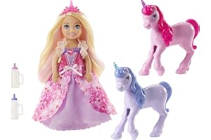 Barbie Dreamtopia Coffret Cadeau mini-poupée Chelsea Princesse avec une robe à cœurs, 2 bébés licornes et accessoires, jouet pour enfant, GJK17