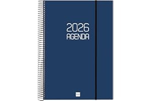 Finocam - Agenda Espiral 2026 1 Día Página | Enero - Diciembre (12 meses) | Agenda A4 Anual 2026 con goma | Tapa de polipropileno Espiral Opaque - Azul - Español