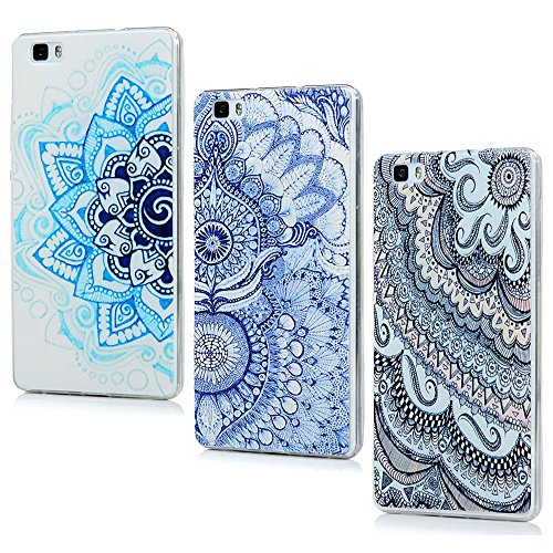 BADALink 3x Huawei P8 Lite Hülle TPU Softcase Bunt Gemalt Schutzhülle Etui Schale Totem Blumen Muster Blau Cover Shell